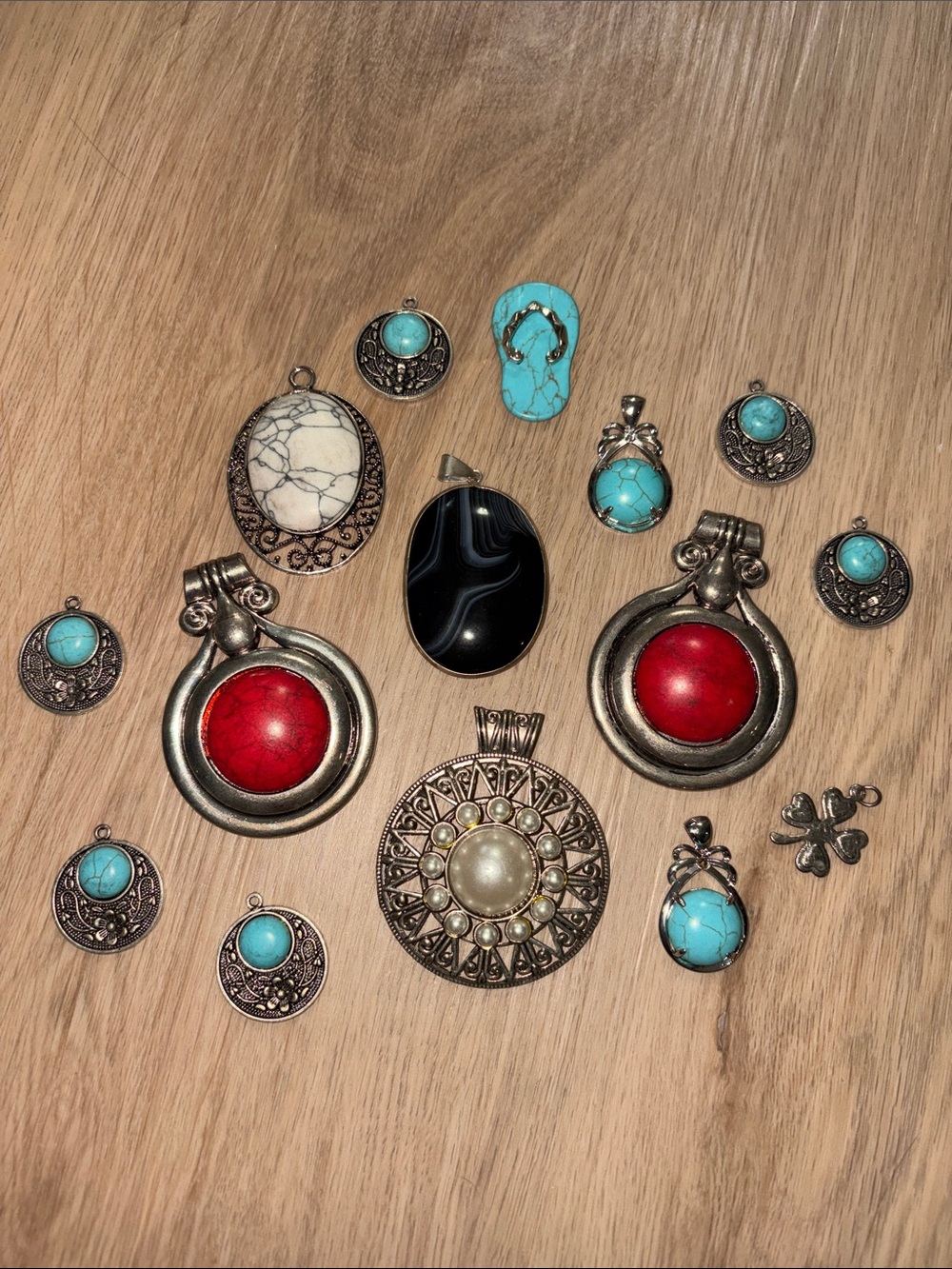 15 pieces Mixed Gemstone Pendant Lot - Turquoise, Red, Black & Pearl Accents